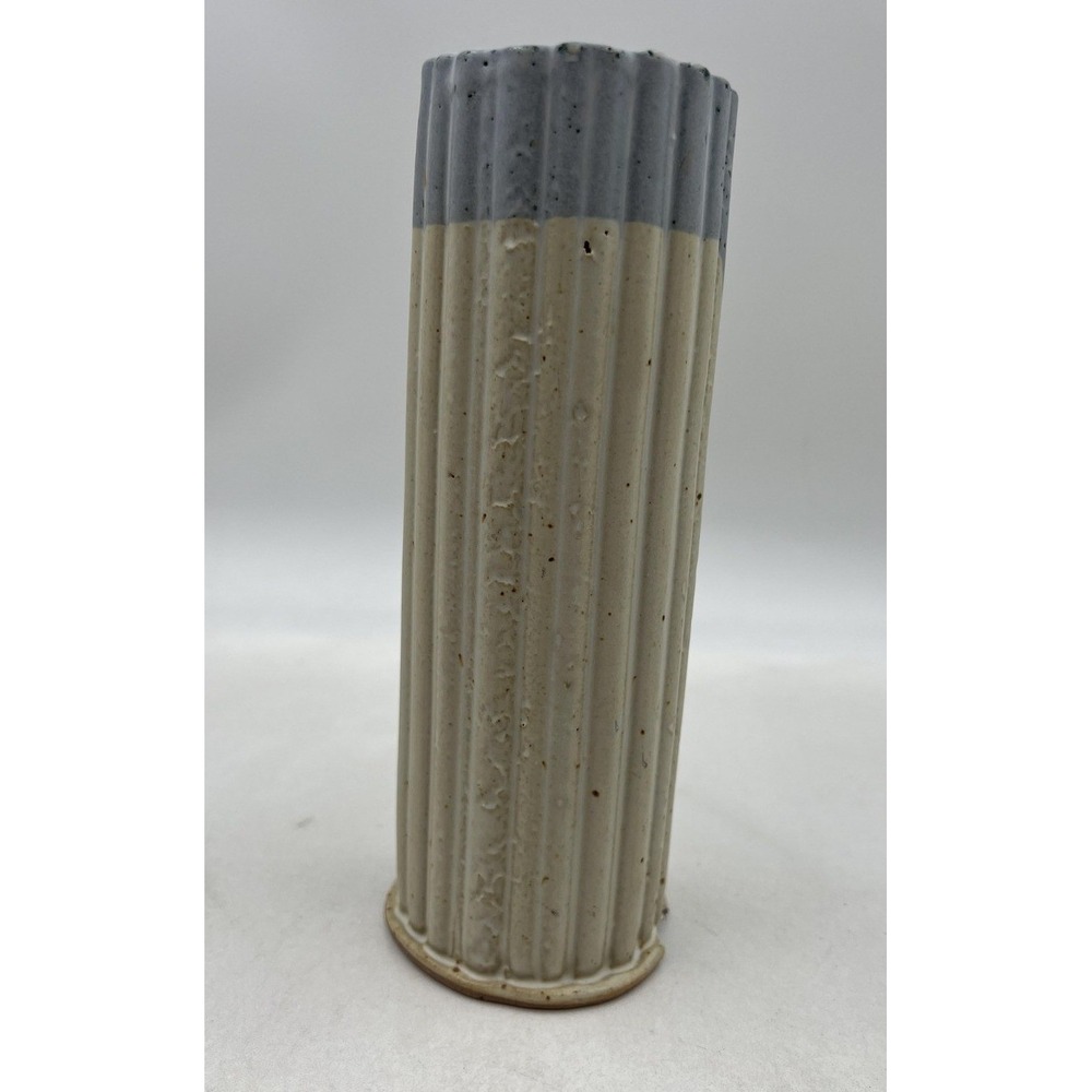 Studio Pottery Vase Fluted Ceramic Cylinder Two Tone Blue Cream Ribbed 7.5in